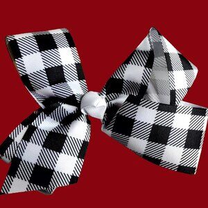 5 Inch Classic Hair Bow, Black and White Check Fits all sizes, Goes w all Colors